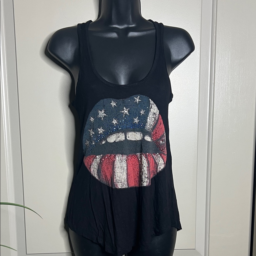 Papaya Black Tank Top with American Flag Lips Design